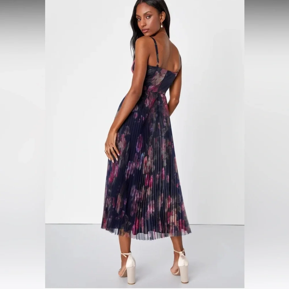 ππ©· Lulus Alluring Invite Midnight Blue Floral Pleated Bustier Dress - XL ππ©· - Picture 3 of 10